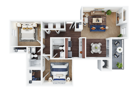Floor plan for 2 beds, 2 baths, 956 sqft